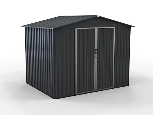 Dark gray metal garden shed