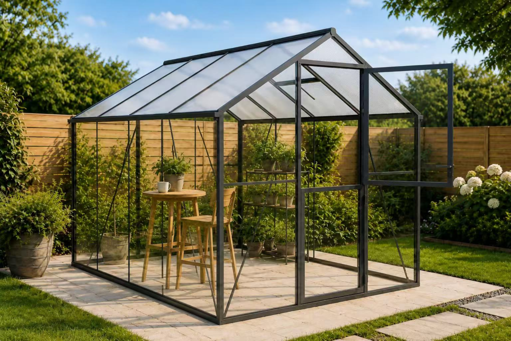 Black frame glass greenhouse