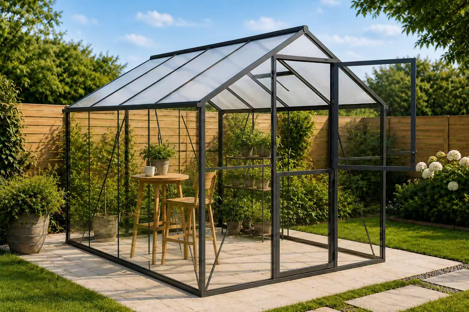 Black frame glass greenhouse