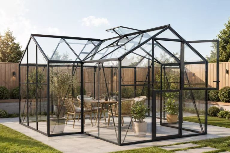 Black frame glass greenhouse