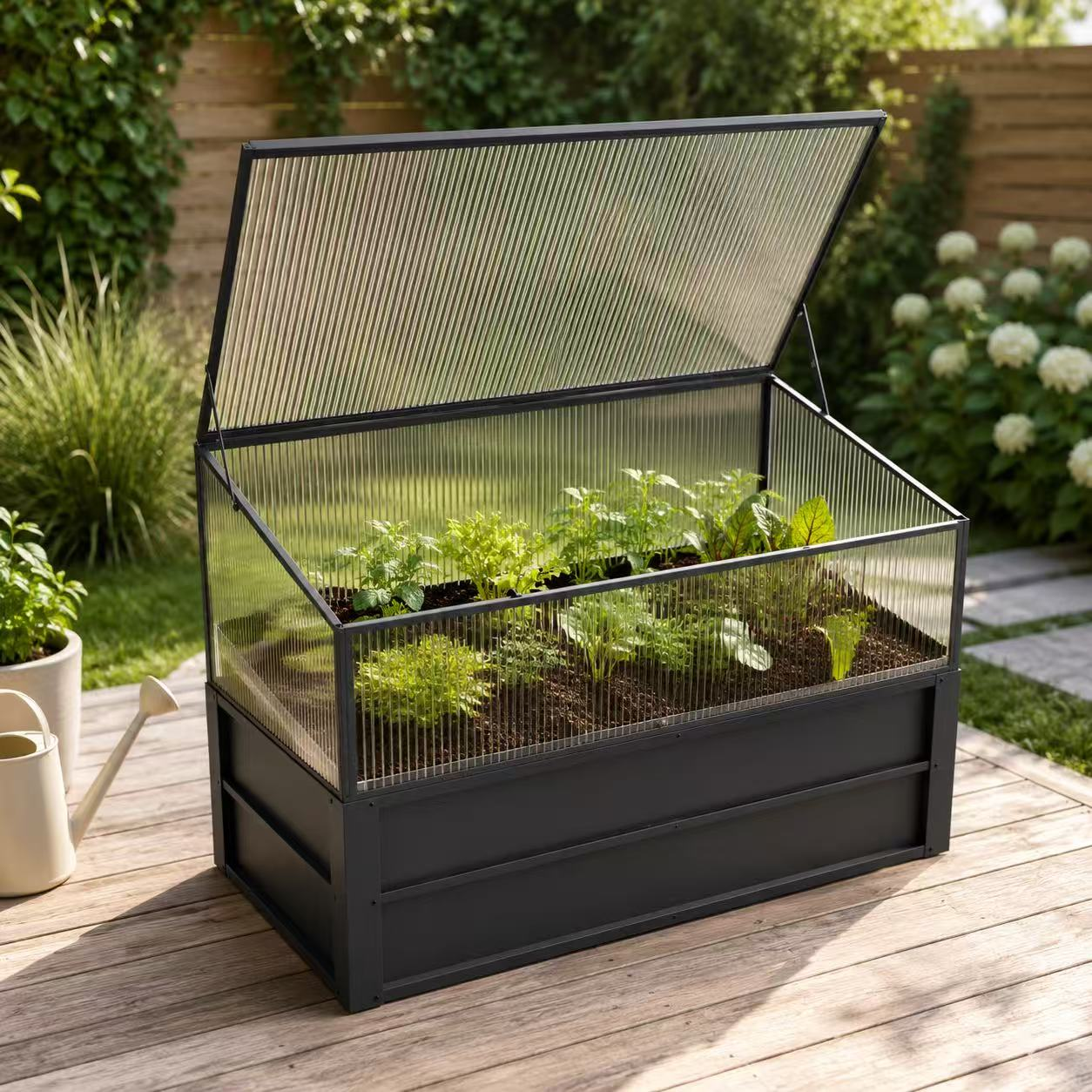Raised garden bed with polycarbonate cold frame