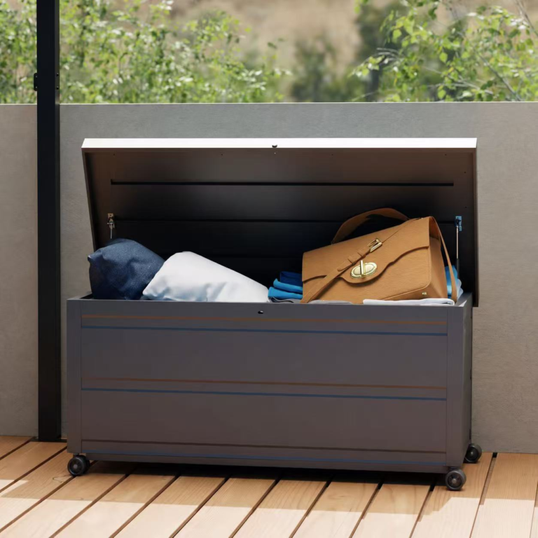 Dark gray metal outdoor storage box