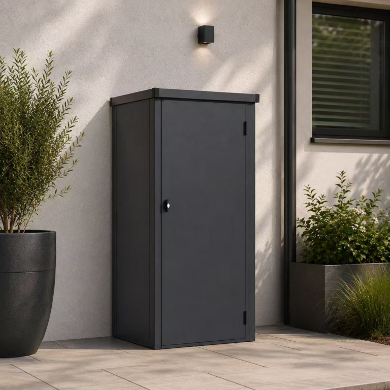Compact black metal outdoor storage cabinet beside a house