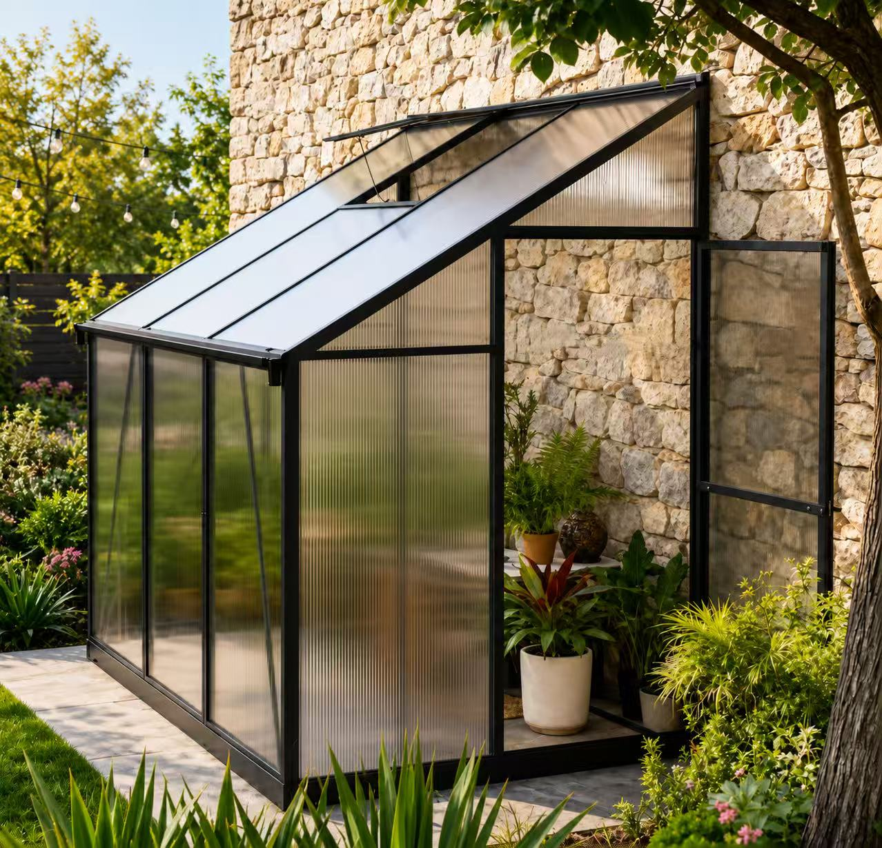Bronze frame polycarbonate greenhouse