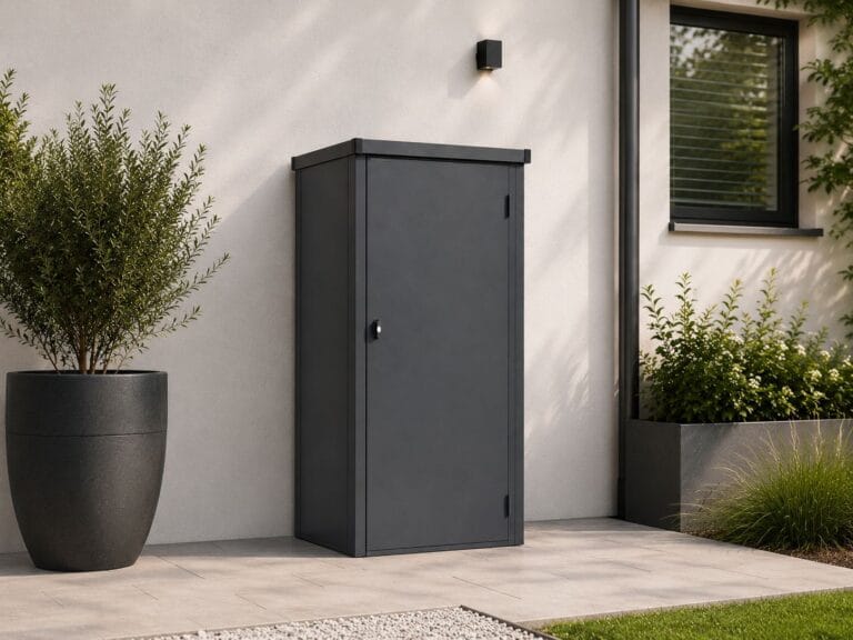 Dark gray metal outdoor storage cabinet