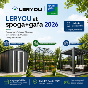 Metal garden shed, glass greenhouse and louvered pergola