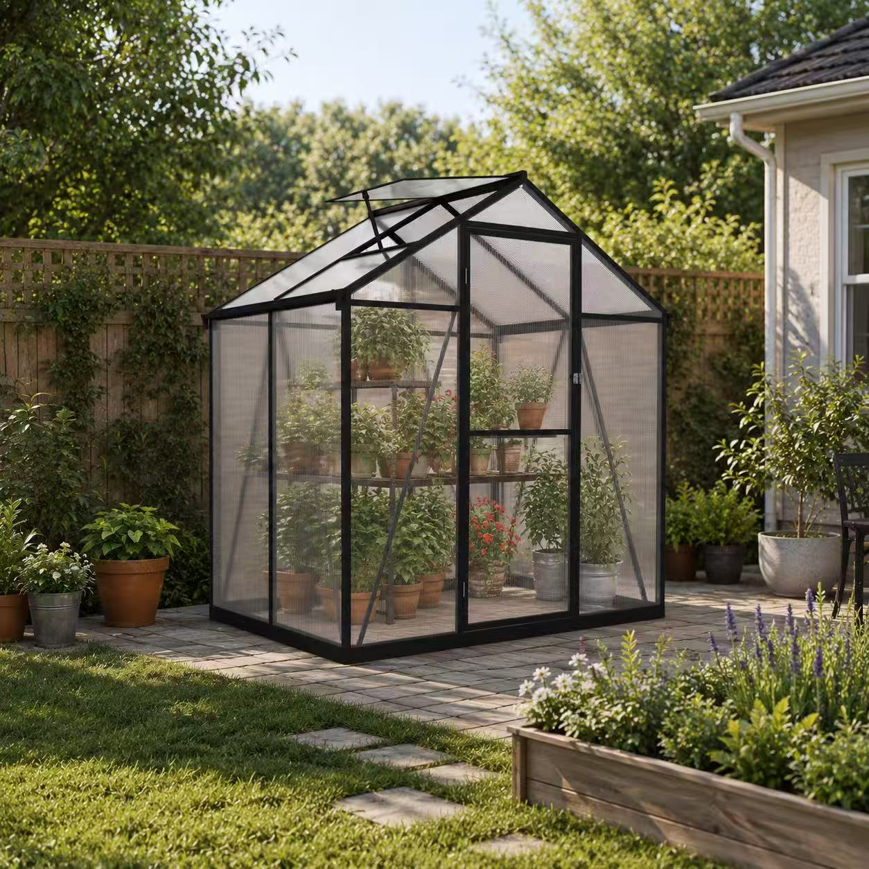 Bronze frame polycarbonate greenhouse