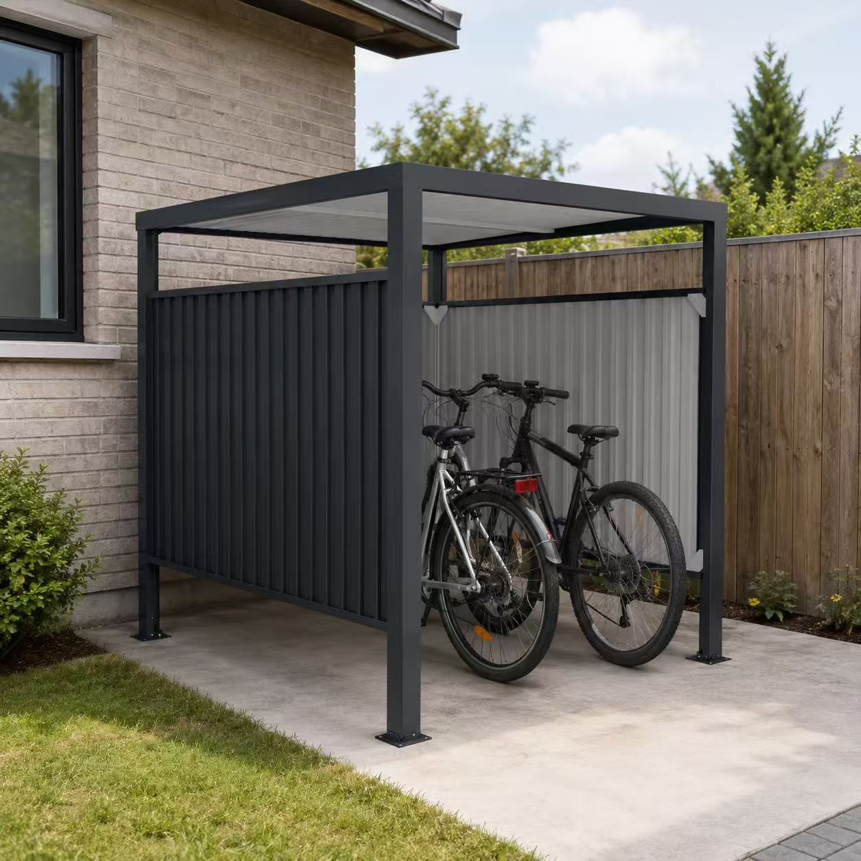 Open-sided metal bicycle storage shelter