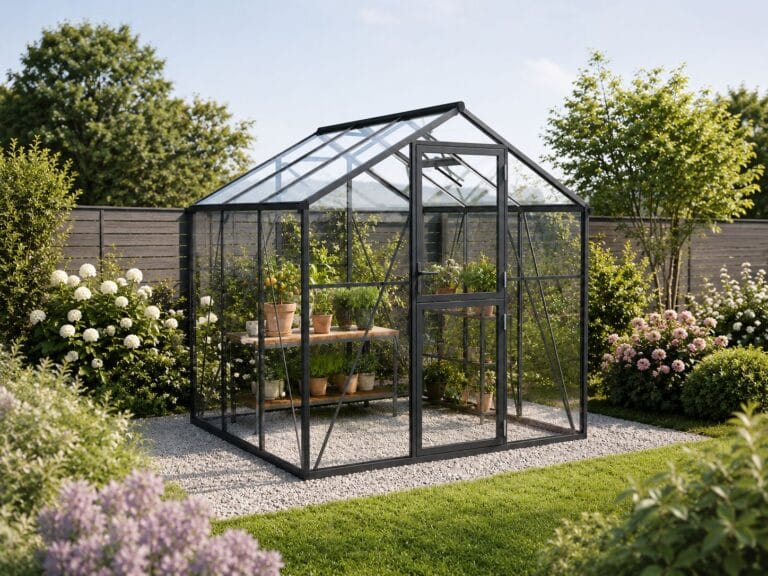 Black frame glass greenhouse