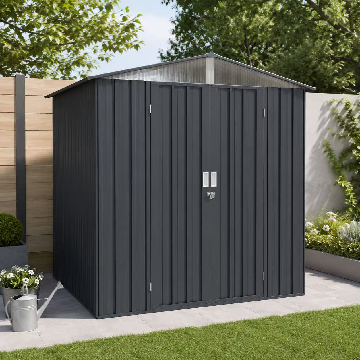 Dark gray metal garden shed with window
