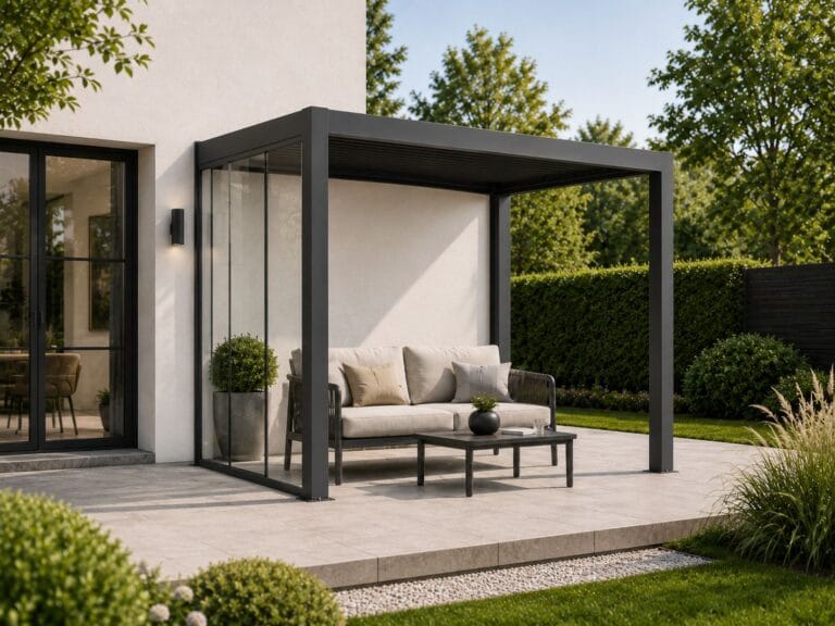Black aluminum louvered pergola