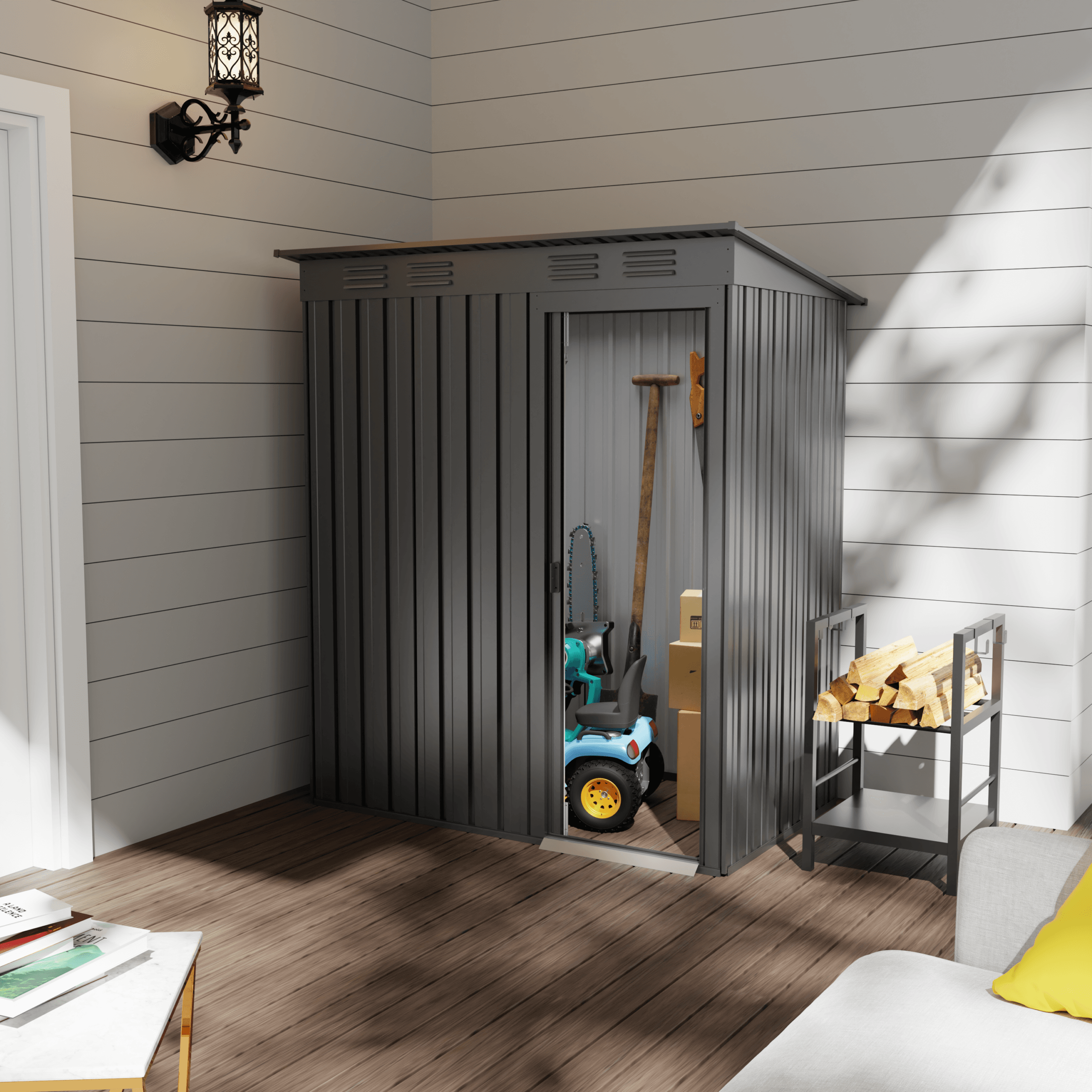 Metal garden shed interior