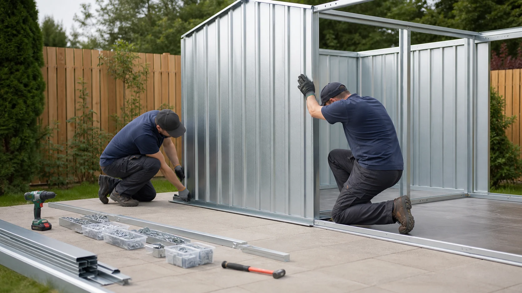 Installers aligning metal garden shed wall panels with the base frame