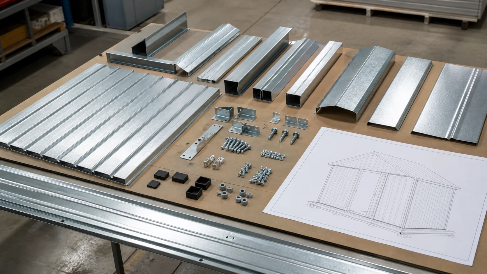 Metal garden shed wall panels, frame profiles and structural components