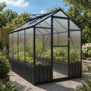 Een kas van polycarbonaat met een lage wand en een metalen voetstuk in een tuin