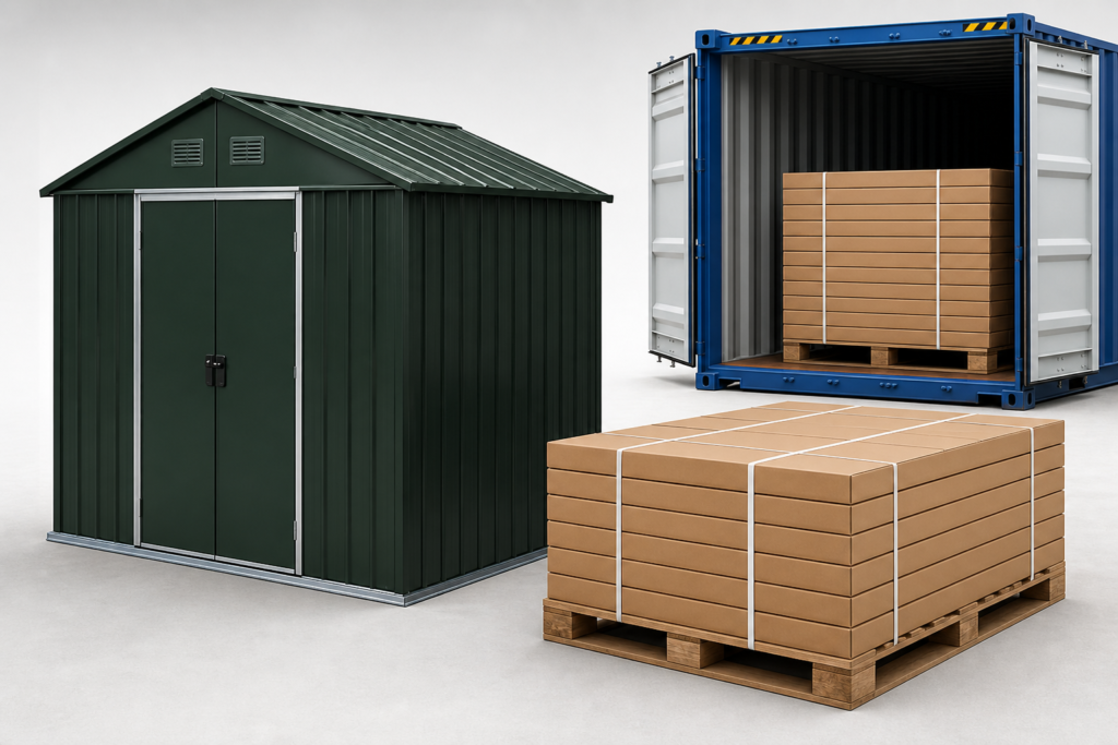 Flat-pack metal garden shed cartons prepared for palletized container shipment