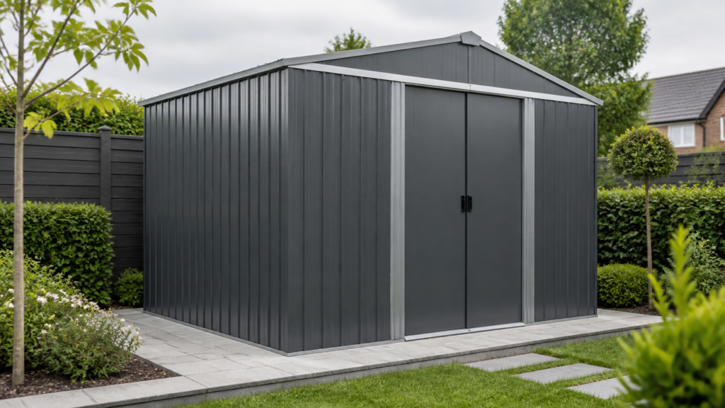 Modern metal garden shed installed on a paved garden foundation
