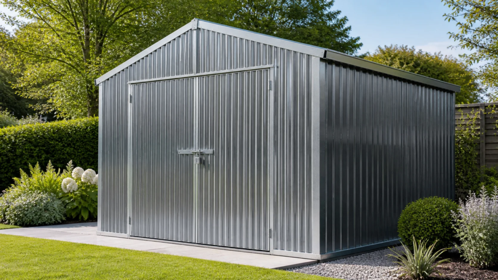 Galvanized metal garden shed with corrugated wall panels and apex roof