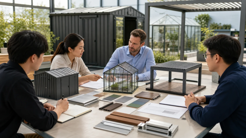 Garden product development team reviewing shed, greenhouse and pergola samples