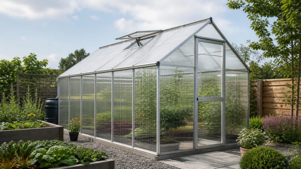 Aluminum greenhouse with multi-wall polycarbonate roof and wall panels