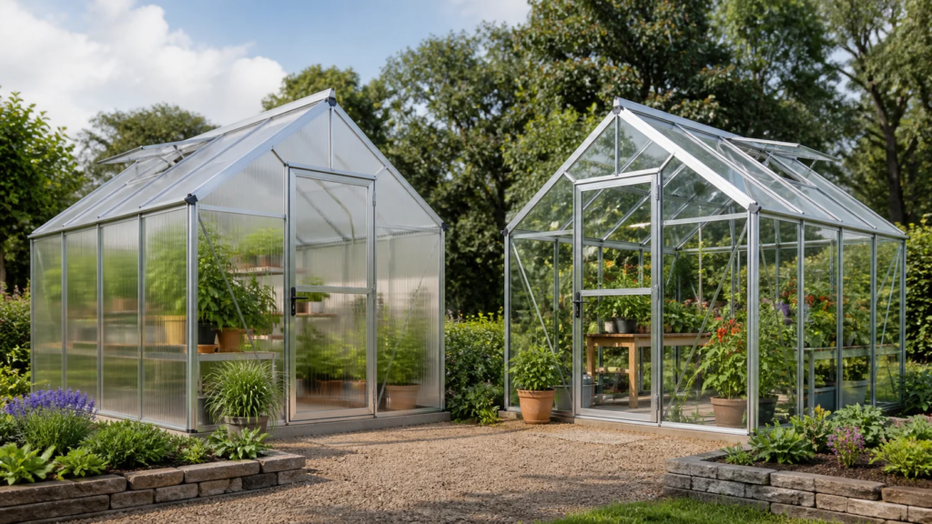 Polycarbonate and glass greenhouses compared in the same garden setting