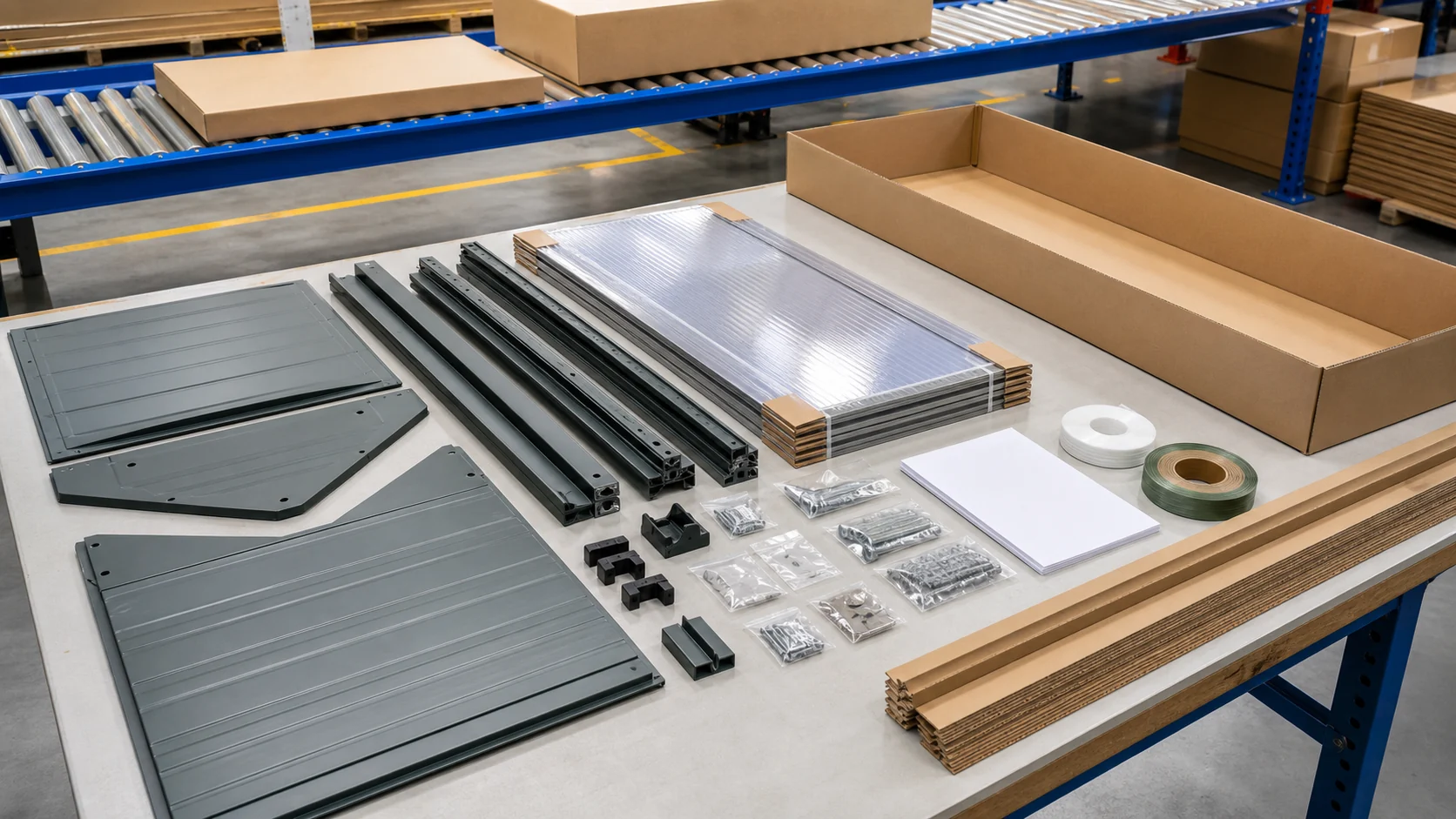 Garden Shed Packaging Review Flat-pack shed panels, profiles, hardware and cartons at a packing station