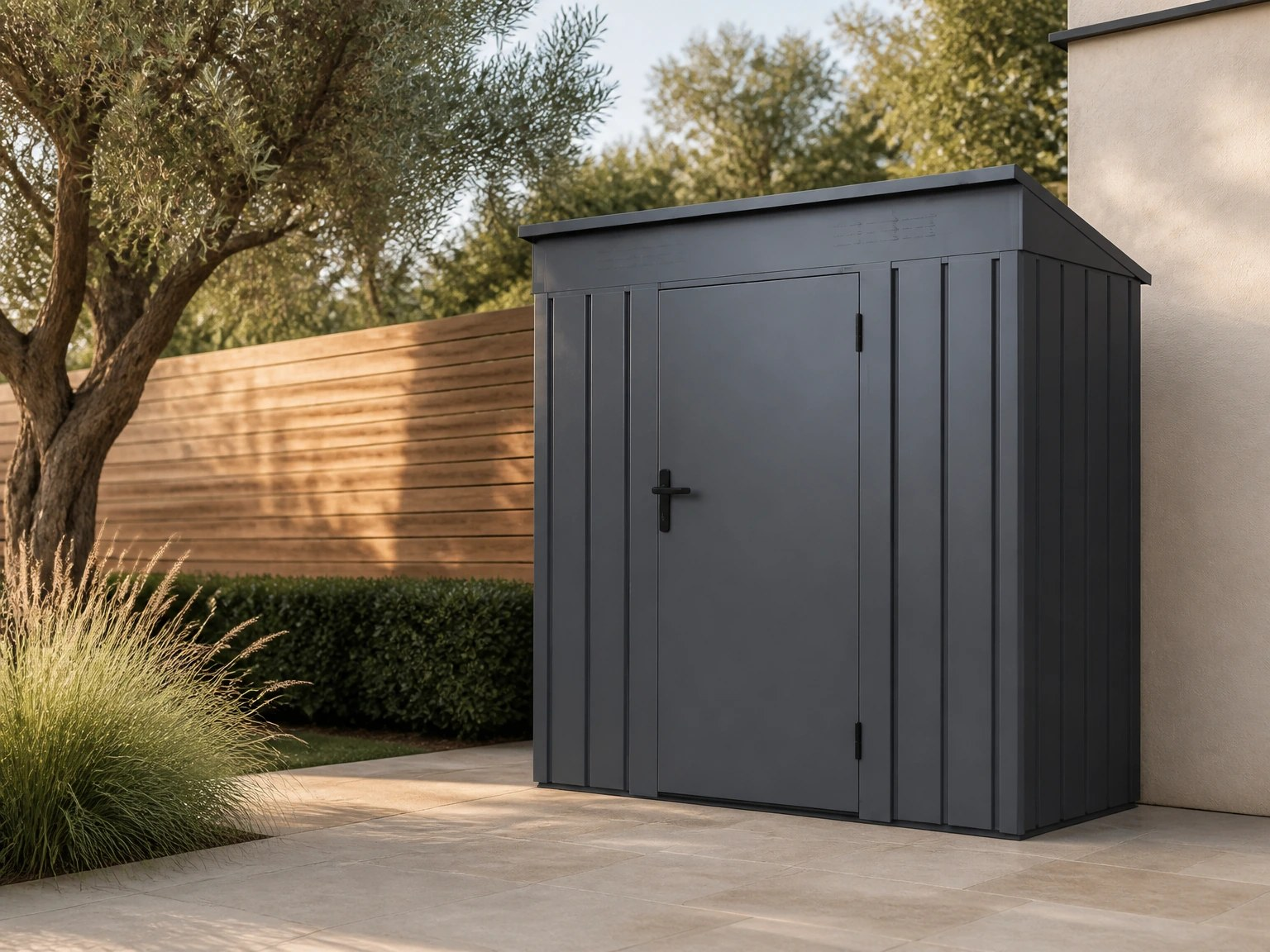 Flat-wall metal garden shed with a contemporary exterior