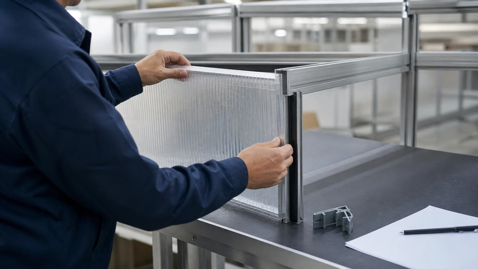 Engineer checking how a polycarbonate panel fits an aluminum greenhouse frame