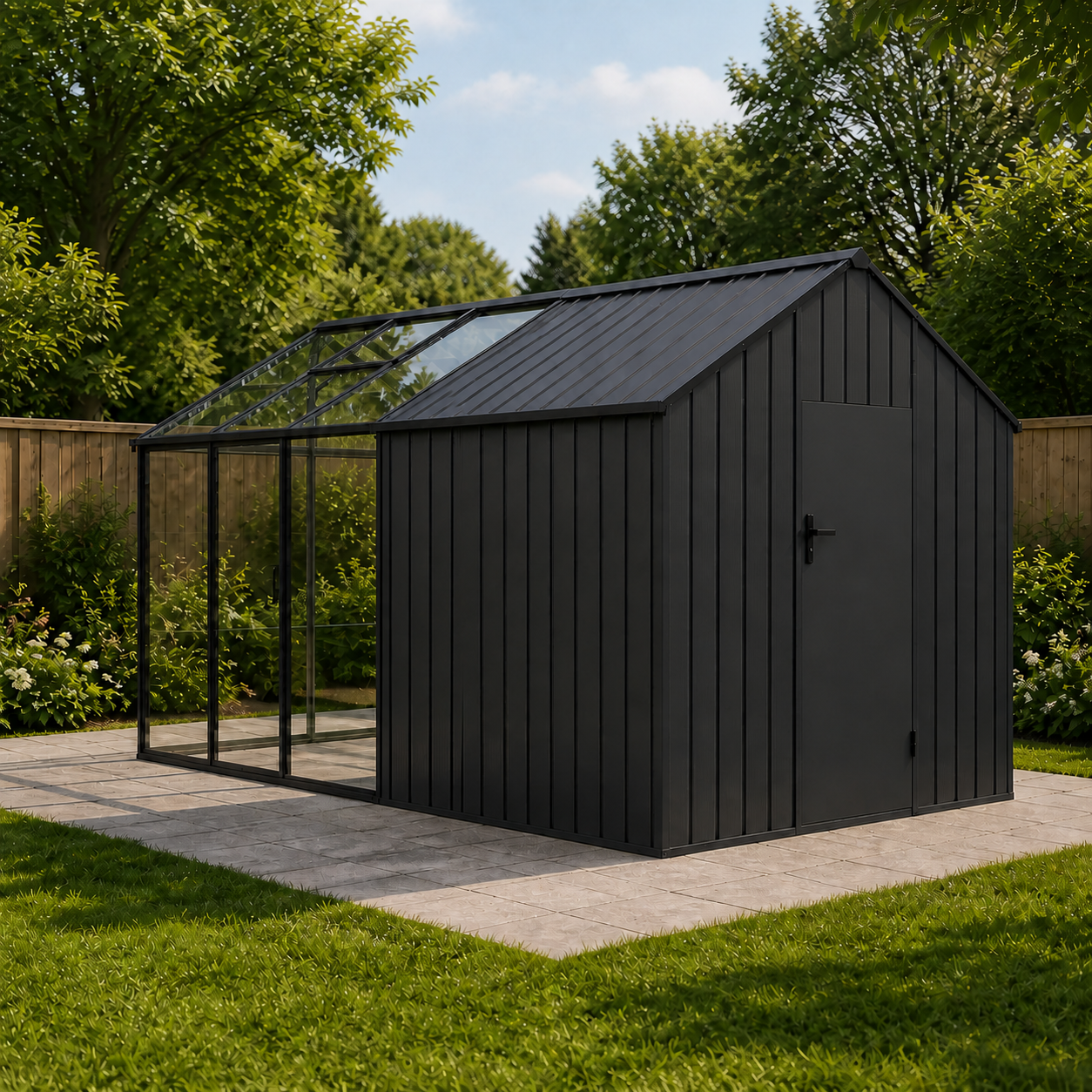Integrated glass greenhouse and metal storage shed in a garden