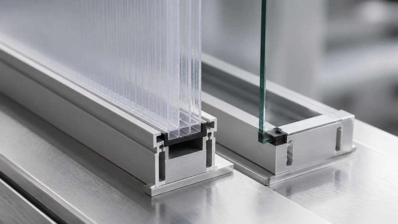 Polycarbonaatplaat en glasplaat, bevestigd in afzonderlijke aluminium kasprofielen