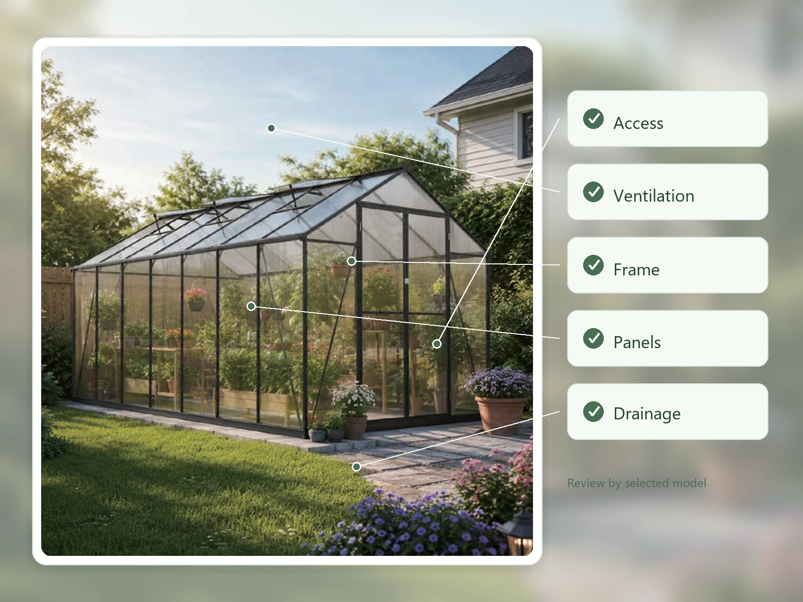 Greenhouse configuration review covering access ventilation frame and glazing