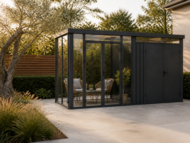 LERYOU skylight garden shed with a full-height glass extension and enclosed dark storage section