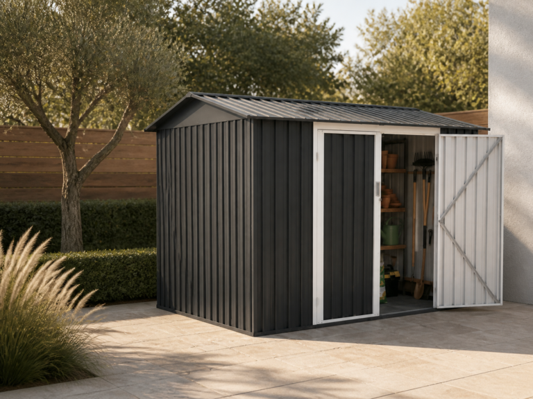 LERYOU heavy duty garden shed with wide front access and dark flat metal wall panels