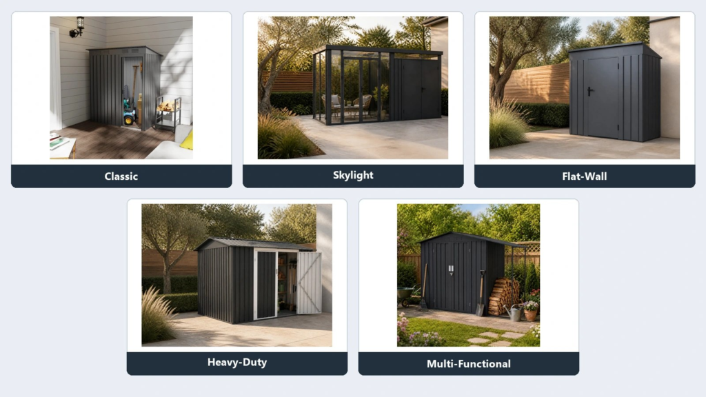 Five metal garden shed types for B2B product range planning
