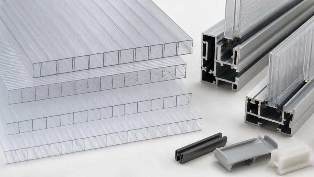 Multi-wall polycarbonate greenhouse panel samples and aluminum profiles