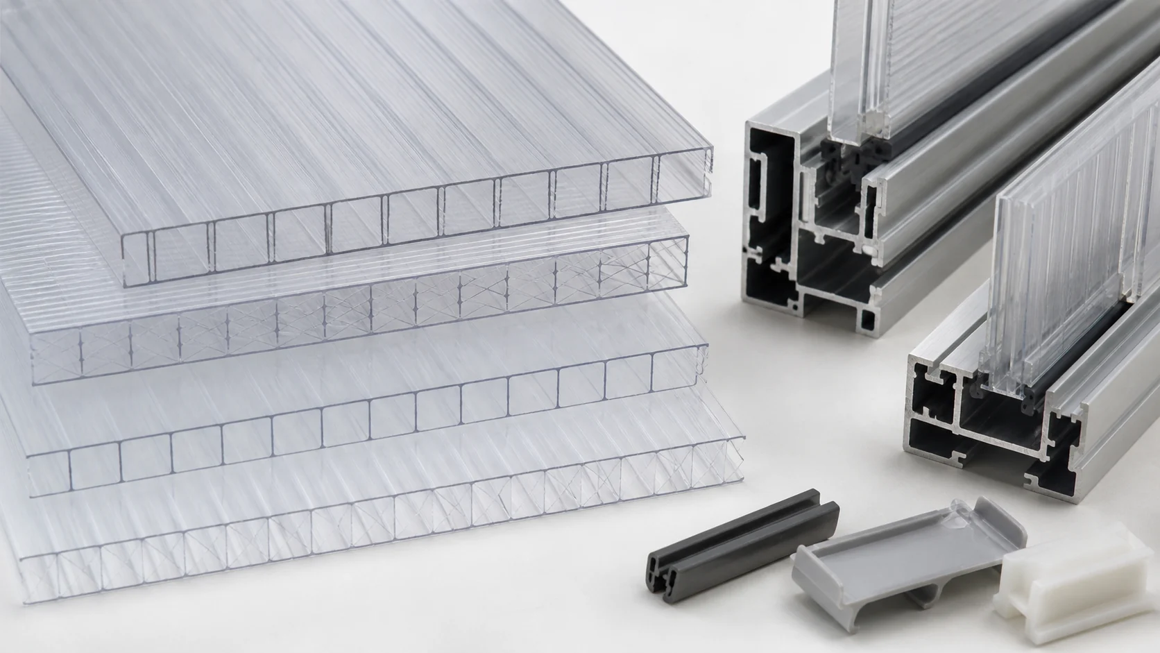 Multi-wall polycarbonate greenhouse panel samples and aluminum profiles
