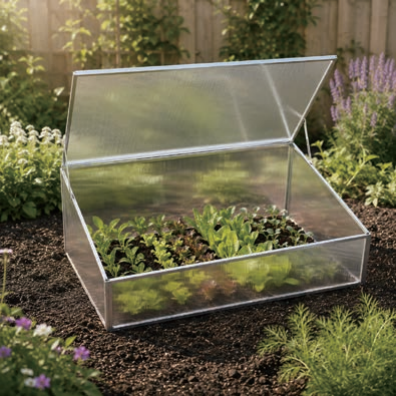 Polycarbonate nursery cold frame protecting young plants in a garden