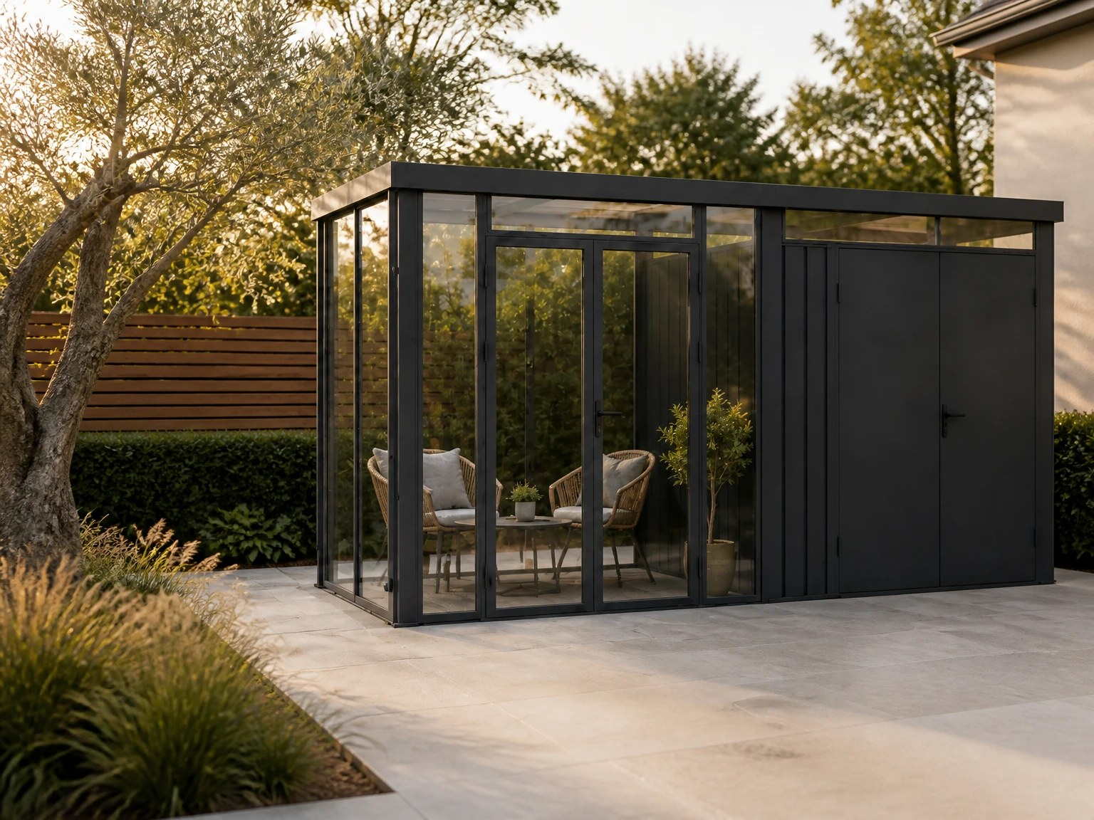Skylight garden shed with natural-light upper sections