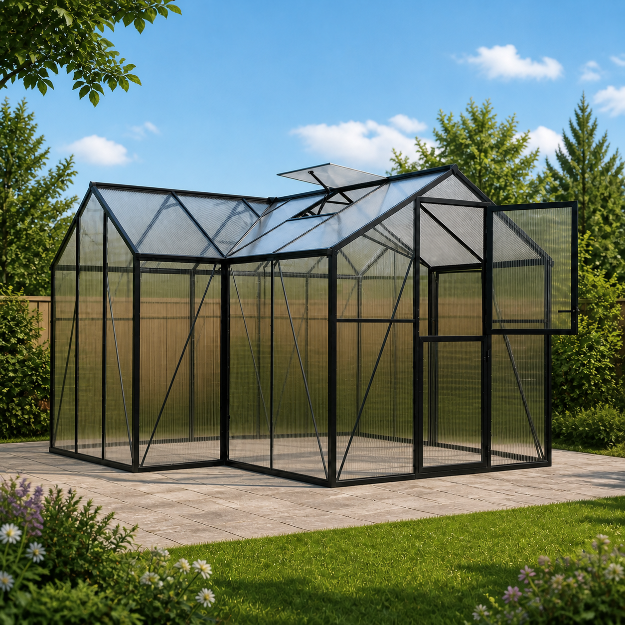 T-shaped polycarbonate greenhouse with aluminium frame in a garden setting