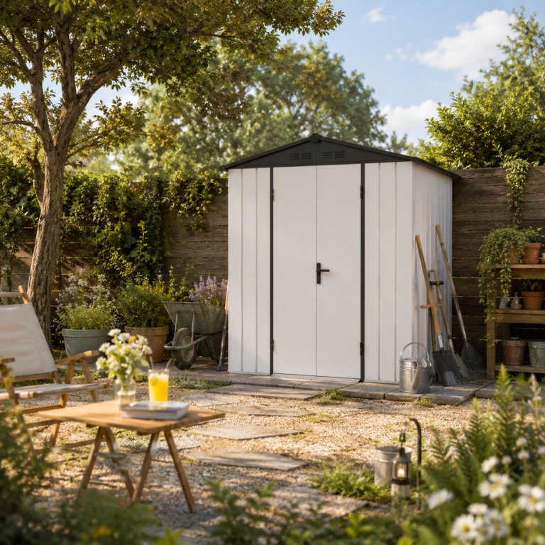 LERYOU dark gray metal garden shed with white double doors in a modern landscaped backyard