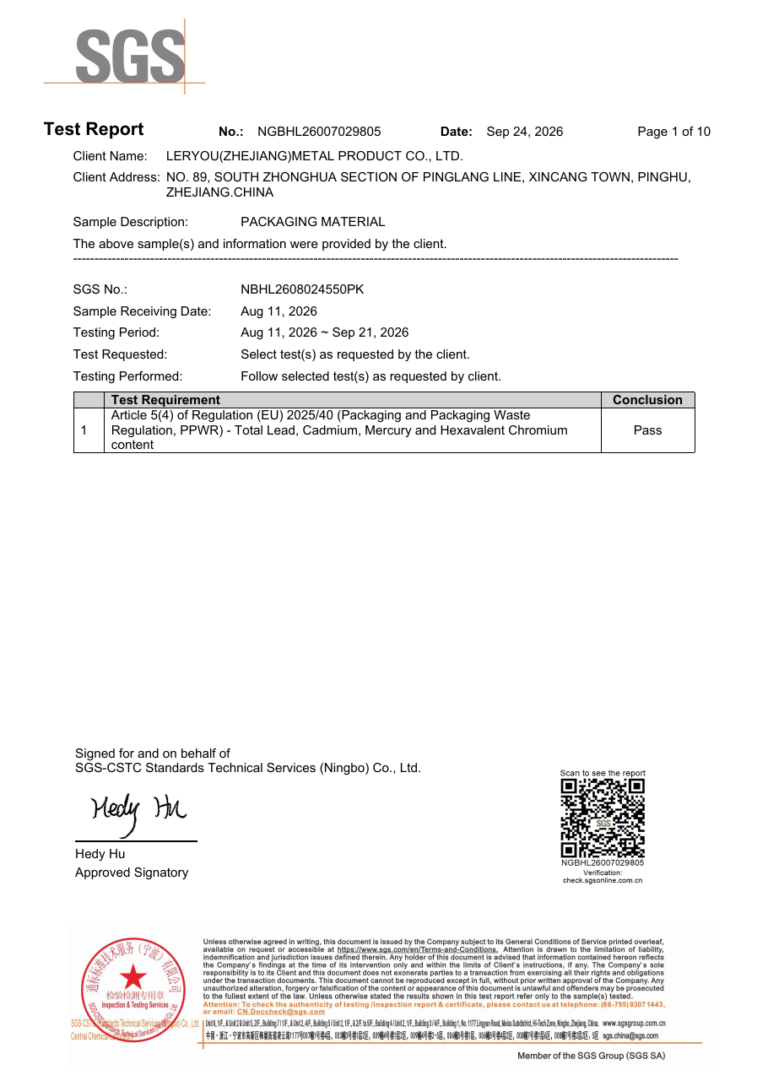 SGS PPWR Packaging Materials Test Report: All 14 tested packaging material samples comply with the heavy metal limits under Article 5(4) of the EU PPWR.
