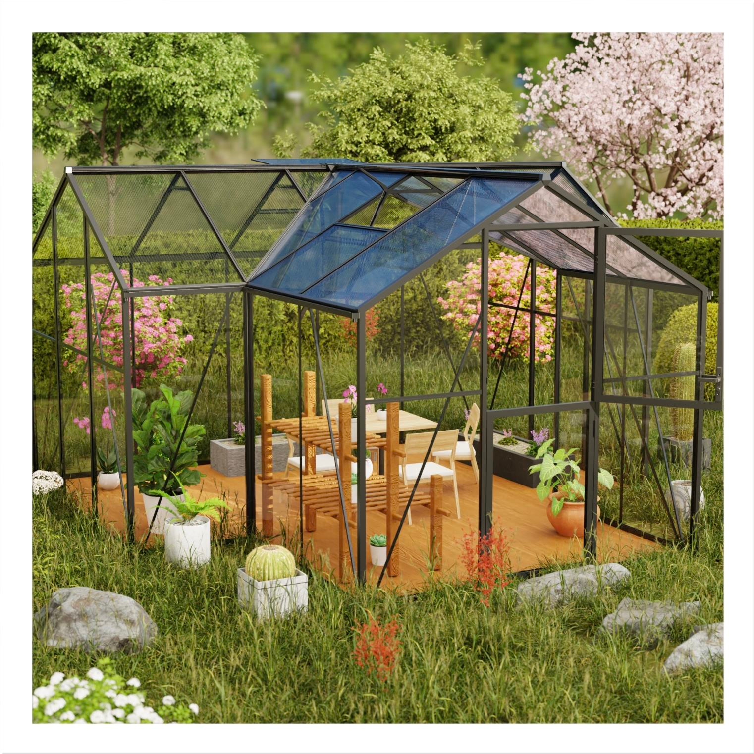 T-shape glass greenhouse with aluminum structure, auto-adjusted windows and dog door