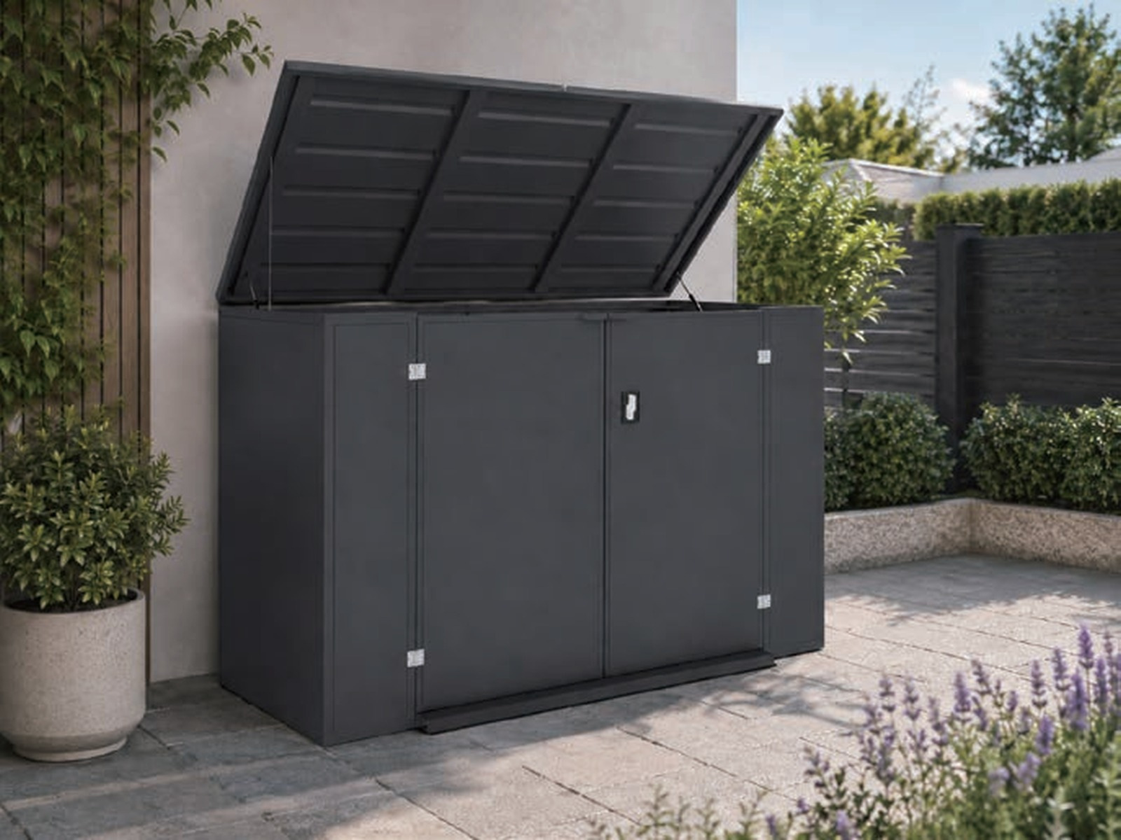 Low enclosed bicycle storage box with lift-up lid and front access