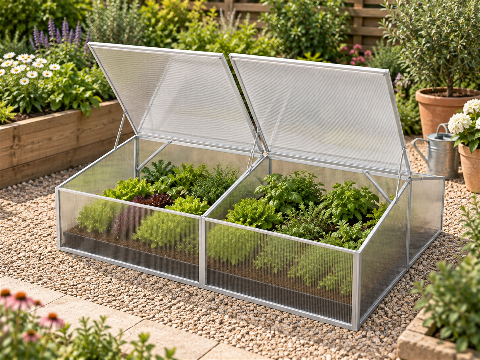 Double-compartment polycarbonate cold frame with two opening lids