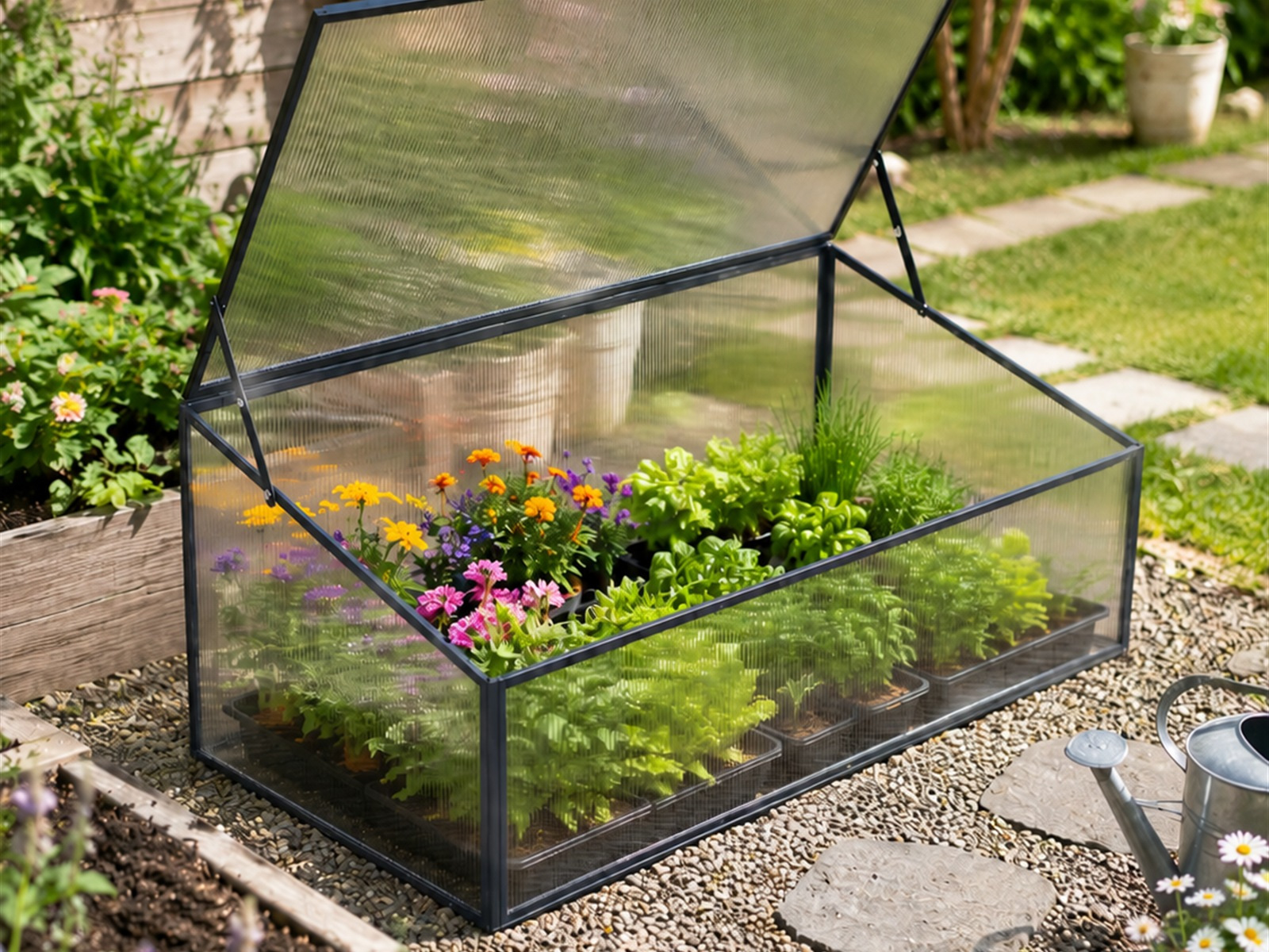 Single-compartment polycarbonate cold frame with one sloped lid