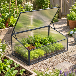 Compact single-lid polycarbonate cold frame in a garden bed