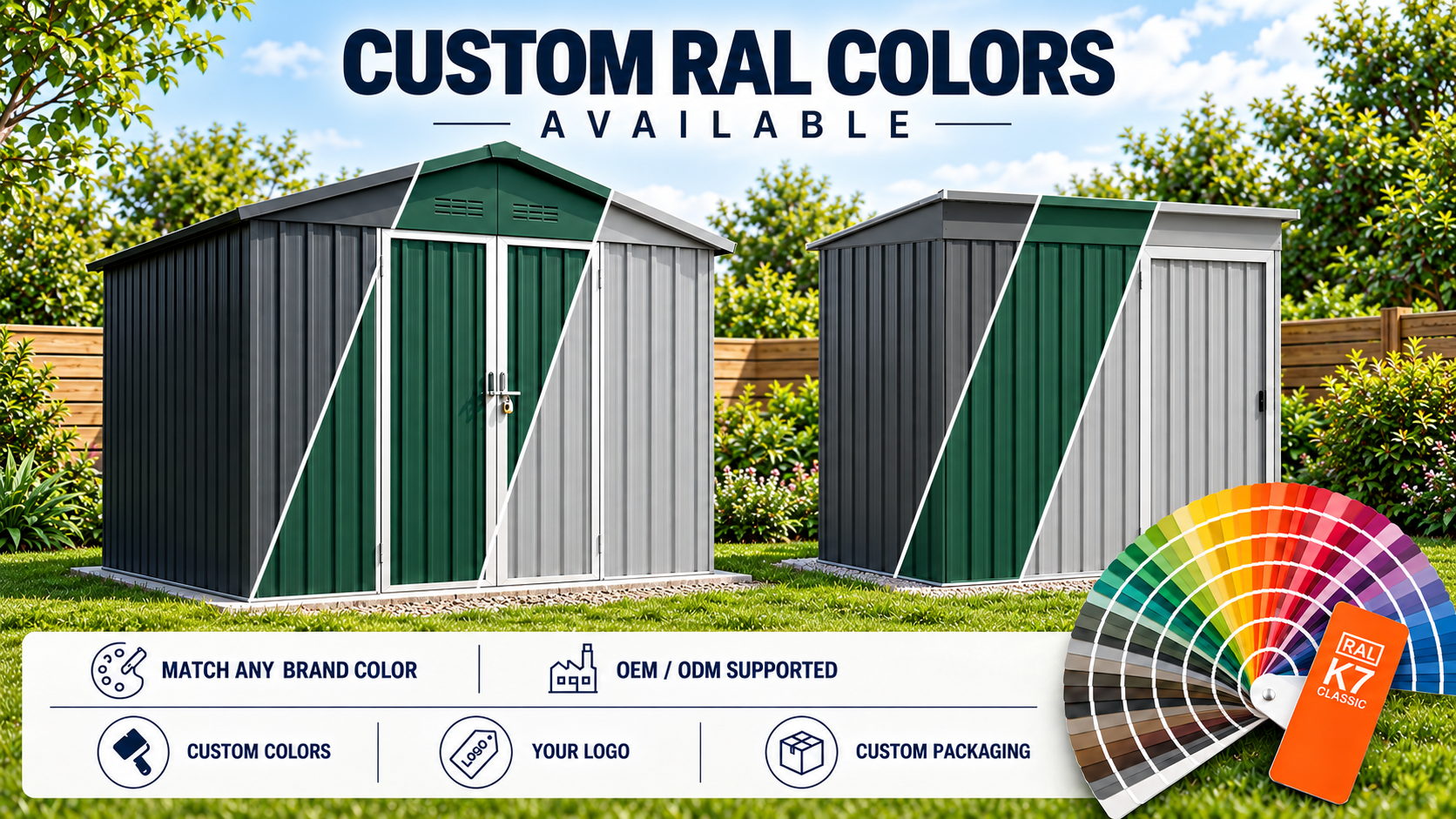 Custom RAL color options for metal garden shed OEM and ODM projects