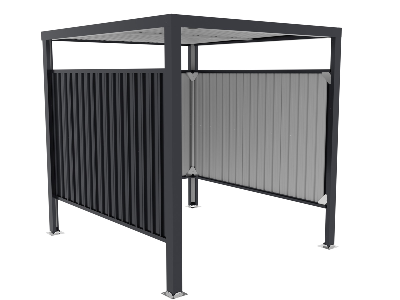 Open-front commercial bike storage shelter with metal side panels