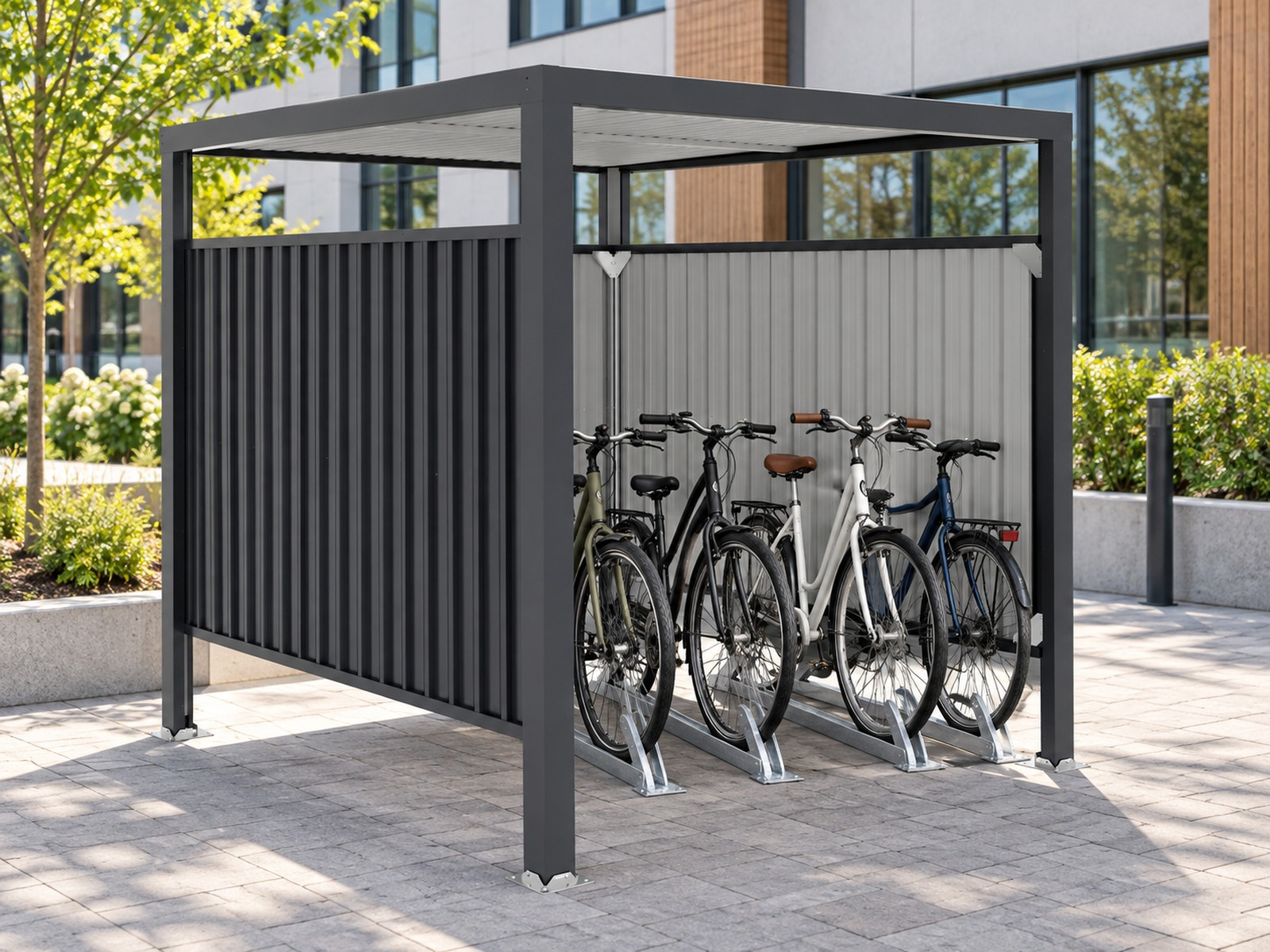 Commercial bicycle storage shelter with organized bicycle parking tracks
