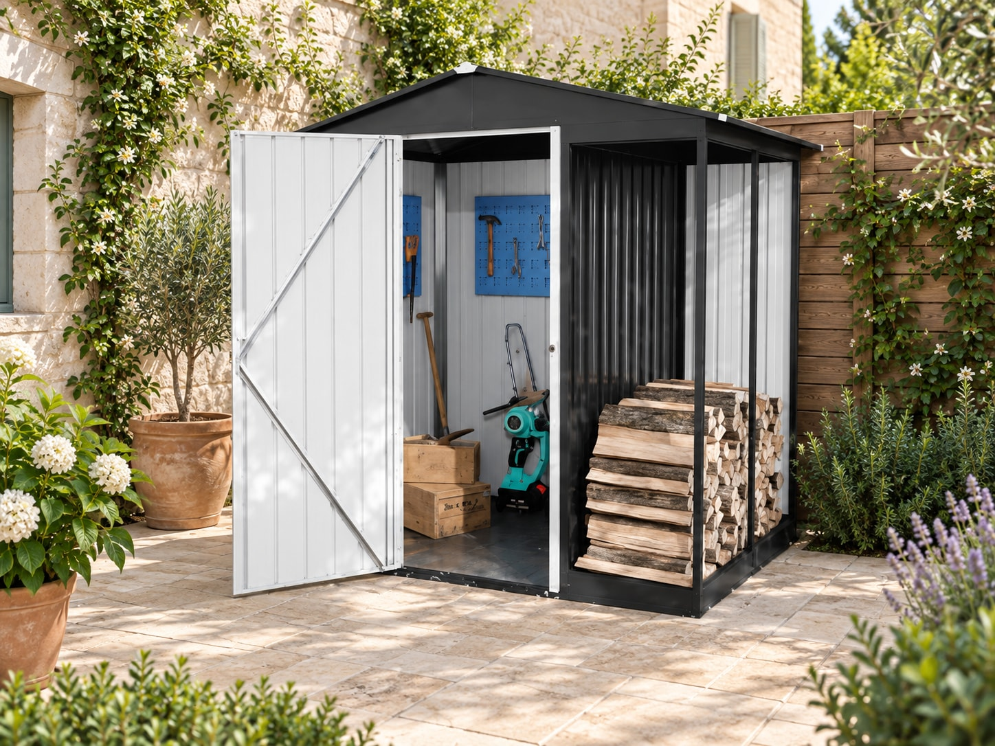 Garden shed with covered side storage for outdoor equipment and patio use